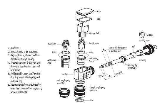 Assembly instructions M16 Male angled connector, Contacts: 3 (03-a), 4.0-6.0 mm, shieldable, solder, IP67, UL 2238