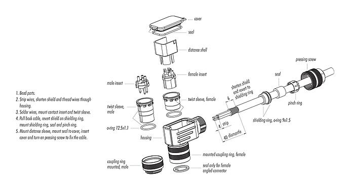 Hướng dẫn lắp ráp M16 Ổ cắm bẻ góc, Số lượng cực : 4 (04-a), 4,0-6,0mm, có thể che chắn, hàn, IP67, UL 2238