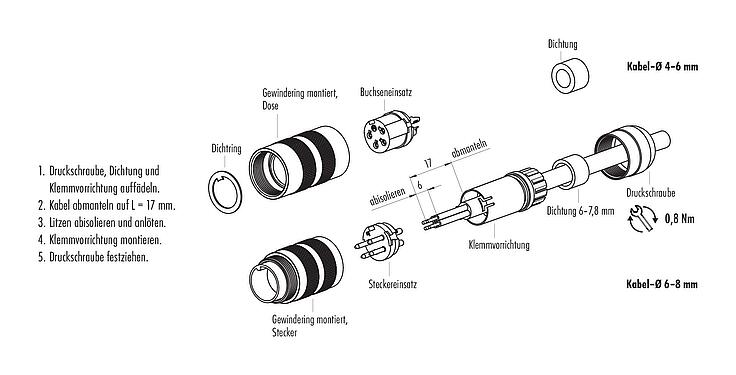 Montageanleitung M16 Kabelstecker, Polzahl: 5 (05-a), 4,1-7,8 mm, ungeschirmt, löten, IP67, UL 2238, Kurzversion