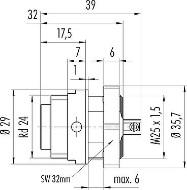 Bản vẽ tỷ lệ RD24 Phích cắm gắn bảng, Số lượng cực : 6+PE, không có chống nhiễu, kẹp vít, IP67, UL, ESTI+, VDE, Gắn phía trước