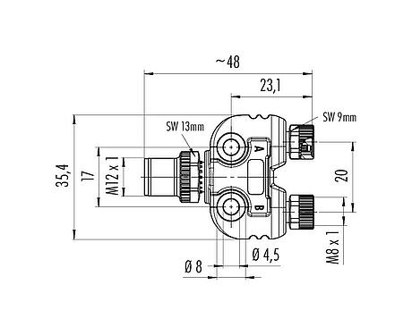 Maßzeichnung M12/M8 Zweifachverteiler, Y-Verteiler, Stecker - 2 Dosen, Polzahl: 4/3, ungeschirmt, steckbar, IP68, UL 2238, mit LED PNP