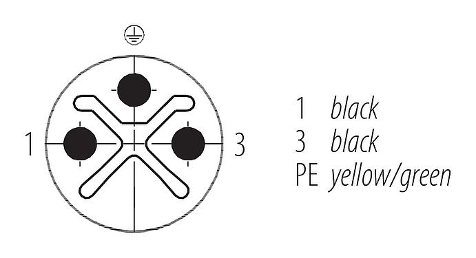 Disposición de los contactos (lado de la conexión) M12 Cable de conexión conector de cable macho - conector de cable hembra, Número de contactos: 2+PE, sin blindaje, moldeado en el cable, IP68, UL 2238, PUR, negro, 3 x 1,50 mm², 2 m
