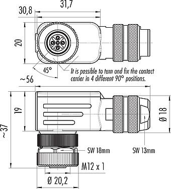 스케일 드로잉 M12 각진 소켓, 콘택트 렌즈: 5, 6.5-8.5mm, 차폐 가능, 케이지 클램프, IP67, 차폐 링 포함
