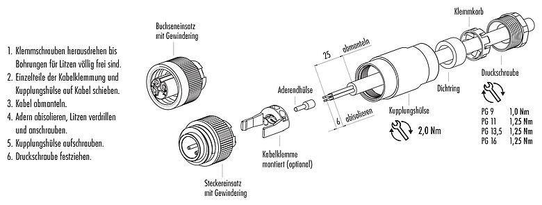 Montageanleitung RD24 Kabelstecker, Polzahl: 6+PE, 6,0-8,0 mm, ungeschirmt, crimpen (Crimpkontakte müssen separat bestellt werden), IP67, UL, ESTI+, VDE, PG 9