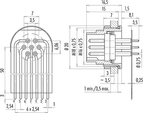 Anschluss & Maße
M16 Flanschstecker, Polzahl: 7 (07-a), ungeschirmt, THT, IP67, M18x0,75, Rückwandmontage, vergossen