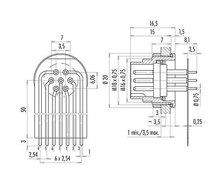 Anschluss & Maße
M16 Flanschstecker, Polzahl: 7 (07-a), ungeschirmt, THT, IP67, M18x0,75, Rückwandmontage