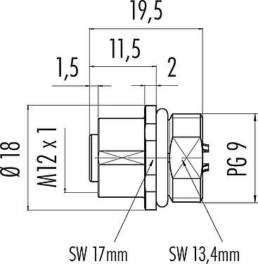 Scale drawing M12 Female panel mount connector, Contacts: 4, unshielded, solder, IP68, UL 2238, PG 9, Front mounting