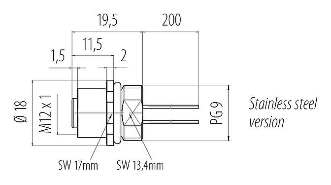 Schaaltekening M12 Female panel mount connector, aantal polen: 5, onafgeschermd, draden, IP68, PG 9, Frontaansluiting, Roestvrij staal, gegoten