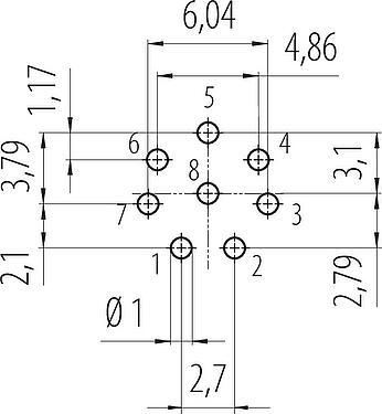 導体レイアウト スナップイン オスパネルマウントコネクタ, 極数: 8, 非シールド, THT, IP67, VDE, M12x1.0, フロントマウント