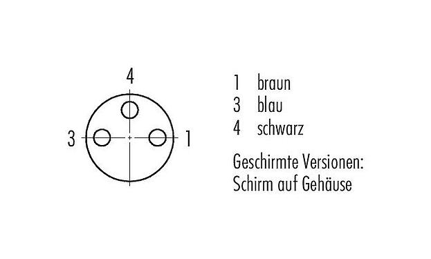 Polbild (Steckseite) M8 Kabeldose, Polzahl: 3, geschirmt, am Kabel angespritzt, IP67/IP69K, M8x1,0, PUR, schwarz, 3 x 0,34 mm², 5 m