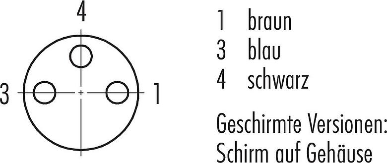 Polbild (Steckseite) M8 Kabeldose, Polzahl: 3, geschirmt, am Kabel angespritzt, IP67/IP69K, PUR, schwarz, 3 x 0,34 mm², 5 m