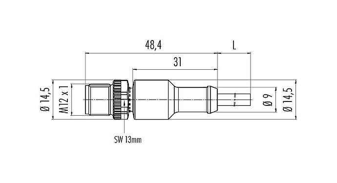 Maßzeichnung M12 Kabelstecker, Polzahl: 4, ungeschirmt, am Kabel angespritzt, IP68/IP69K, UL 2238, PUR, schwarz, 4 x 0,34 mm², 2 m