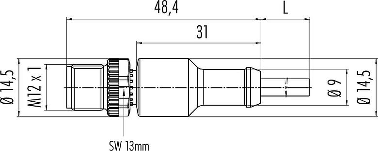 Rysunek z wymiarami M12 Męskie złącze kablowe proste, Kontaktów: 4, nieekranowany, formowane wtryskowo na kablu, IP68/IP69K, UL 2238, PVC, szary, 4 x 0,34 mm², 5 m