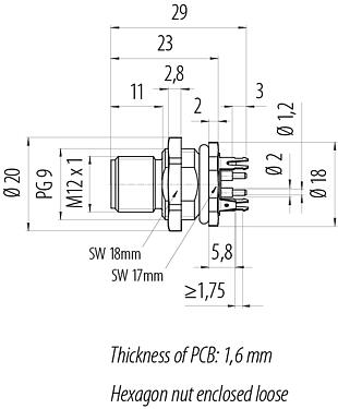 比例图 M12 针头法兰座, 极数: 4, 屏蔽, THT, IP68, UL 2238, PG 9, 後壁安裝