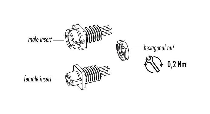 Component part drawing Snap-In Female panel mount connector, Contacts: 3, unshielded, THT, IP40, 1/4" 28 UNF, Front mounting