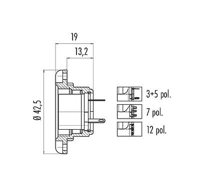 Maßzeichnung M25 Flanschdose, Polzahl: 12, schirmbar, löten, IP40, Frontmontage