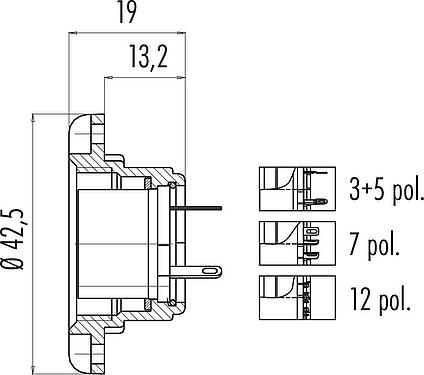 Maßzeichnung M25 Flanschdose, Polzahl: 3, schirmbar, löten, IP40, Frontmontage