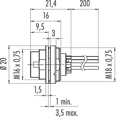 Scale drawing M16 Male panel mount connector, Contacts: 7 (07-a), unshielded, single wires, IP40, M18x0,75, Front mounting