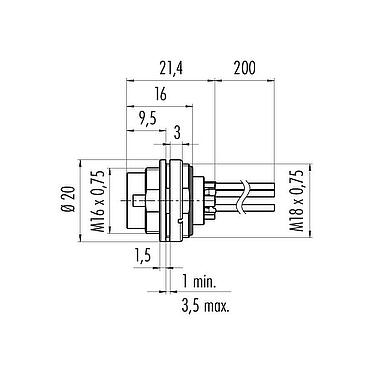 Scale drawing M16 Male panel mount connector, Contacts: 8 (08-a), unshielded, single wires, IP40, M18x0,75, Front mounting