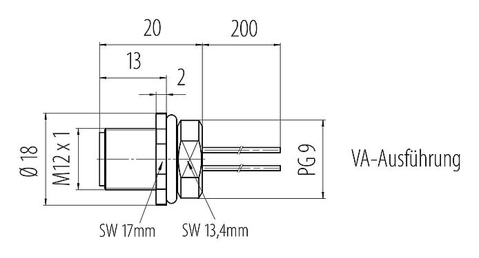 Maßzeichnung M12 Flanschstecker, Polzahl: 4, ungeschirmt, Litzen, IP68, UL 2238, PG 9, Frontmontage, Edelstahl, vergossen