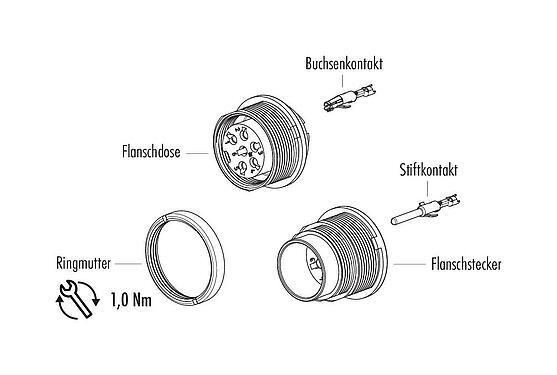 Einzelteildarstellung M16 Flanschdose, Polzahl: 8 (08-a), ungeschirmt, crimpen (Crimpkontakte müssen separat bestellt werden), IP40, M18x0,75, Rückwandmontage