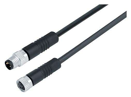 Illustrazione M8 Cavo di collegamento connettore cavo maschio - connettore cavo femmina, Numero poli: 3, non schermato, stampato sul cavo, IP67/IP69K, UL 2238, PUR, nero, 3 x 0,34 mm², 2 m