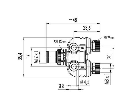 Maßzeichnung M12/M8 Zweifachverteiler, Y-Verteiler, Stecker - 2 Dosen, Polzahl: 4/3, ungeschirmt, steckbar, IP68, UL 2238