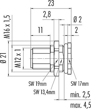 Scale drawing M12 Male panel mount connector, Contacts: 8, unshielded, solder, IP68, UL 2238, M16x1.5, Rear mounting