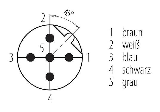 Polbild (Steckseite) M12 Flanschstecker, Polzahl: 5, ungeschirmt, Litzen, IP68, UL 2238, PG 9, Frontmontage