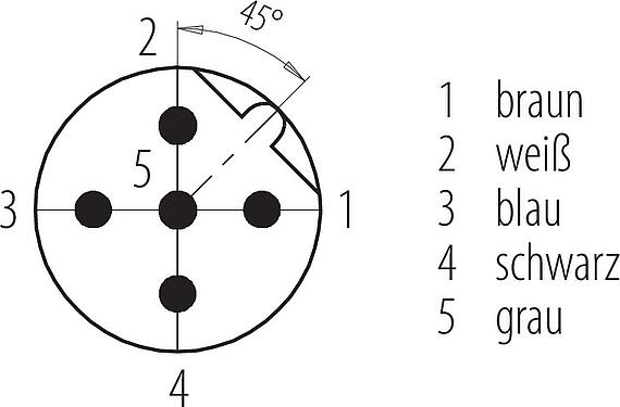 Polbild (Steckseite) M12 Flanschstecker, Polzahl: 5, ungeschirmt, Litzen, IP68, UL 2238, PG 9, Frontmontage