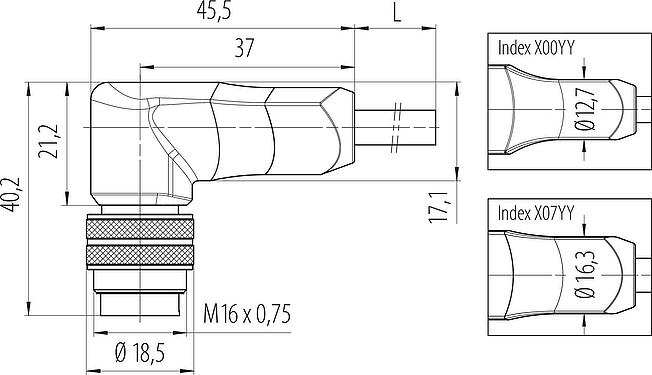 스케일 드로잉 M16 각진 플러그, 콘택트 렌즈: 7 (07-a), 쉴드, 케이블에 몰딩, IP67, PUR, 검정, 7x0.25mm², 2m