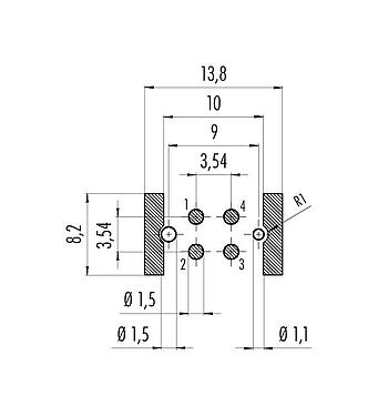 Conductor layout 09 0443 601 04 - M12 Male receptacle, Contacts: 4, shieldable, SMT, IP67