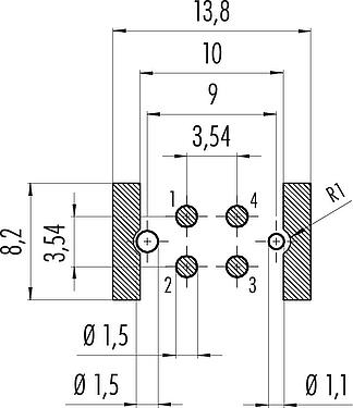 导体结构 M12 针头法兰座, 极数: 4, 可接屏蔽, SMT, IP67, M14x1.0, 後壁安裝