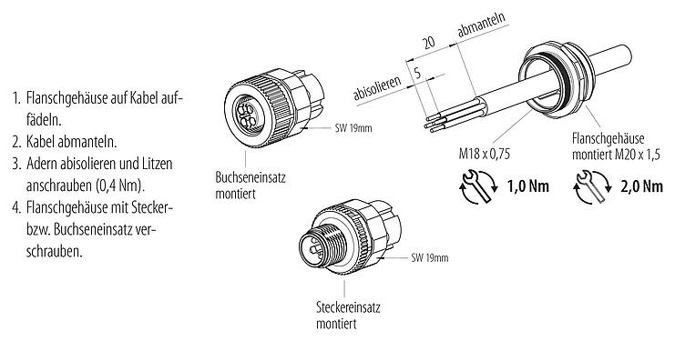 Montageanleitung M12 Flanschstecker, Polzahl: 4, ungeschirmt, schraubklemm, IP68, UL 2238, VDE, M20x1,5, Frontmontage