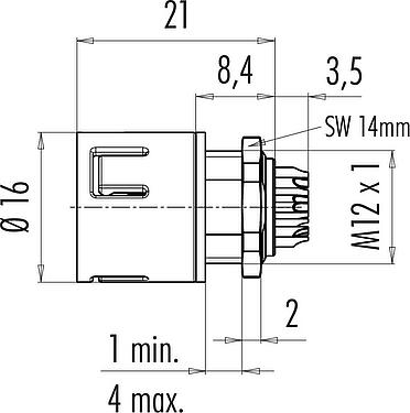 Maßzeichnung Snap-In Flanschstecker, Polzahl: 8, ungeschirmt, löten, IP67, UL 2238, VDE, M12x1,0, Frontmontage