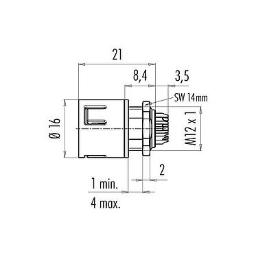 Dessin coté Snap-In Embase mâle, Contacts: 3, non blindé, souder, IP67, UL 2238, VDE, M12x1,0, Montage frontal