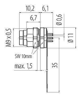 Maßzeichnung M9 Flanschstecker, Polzahl: 8, ungeschirmt, THT, IP40, M9x0,5, Rückwandmontage