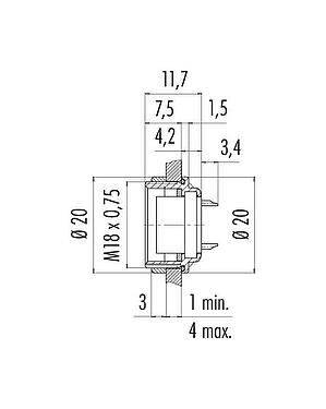 Méretarányos rajz M16 panelre szerelhető foglalat, : 12 (12-a), árnyékolatlan, kézi forrasztású, IP67, UL 2238, M18x0,75, hátsó panel felszerelés
