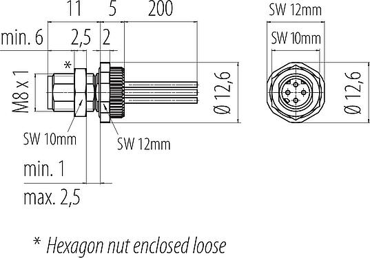 Scale drawing M8 Male panel mount connector, Contacts: 4, unshielded, single wires, IP67, M8x1.0, Rear mounting