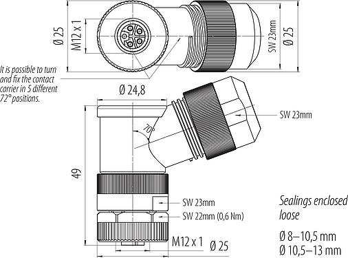 Mittakaavapiirustus M12 Kulmarasia, Napojen määrä: 4+FE, 8,0-13,0 mm, suojaamaton, ruuviliitin, IP67, UL 2238, M12x1,0, virtalähde varten