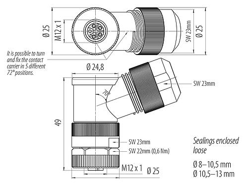 Mittakaavapiirustus M12 Kulmarasia, Napojen määrä: 4+FE, 8,0-13,0 mm, suojaamaton, ruuviliitin, IP67, M12x1,0, virtalähde varten, UL 2237 valmisteilla, PE-liitännällä