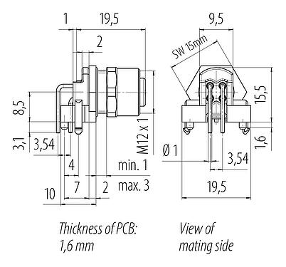 Scale drawing M12 Female panel mount connector, Contacts: 4, shieldable, THR, IP67, UL 2238, M12x1.0, Rear mounting