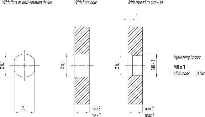 Assembly instructions / Panel cut-out M8 Male panel mount connector, Contacts: 3, solder, IP67/IP69K, M10x0.75, Rear mounting, with solder cups