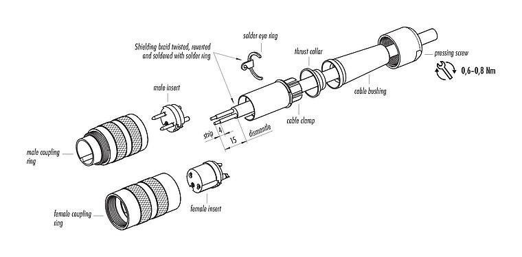 Instrução de montagem M16 Plugue de cabo, Contatos: 3 (03-a), 4,0-6,0 mm, blindável, solda, IP40