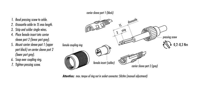 Assembly instructions 99 0072 102 02 - M9 Female cable connector, Contacts: 2, 4.0-5.0 mm, unshielded, solder, IP40