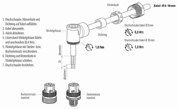 Montageanleitung M12 Winkelstecker, Polzahl: 4, 8,0-10,0 mm, ungeschirmt, schraubklemm, IP67, UL 2238, VDE