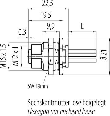 Bản vẽ tỷ lệ M12 Ổ cắm gắn bảng, Số lượng cực : 5, không có chống nhiễu, dây đơn, IP68, UL 2238, M16x1,5, Chốt trung tâm, có thể vặn từ phía trước, túp lều