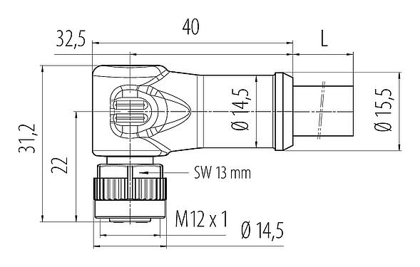Dessin coté M12 Connecteur femelle coudé, Contacts: 4, non blindé, surmoulé sur le câble, IP68, UL, PUR, noir, 4 x 1,50 mm², 5 m