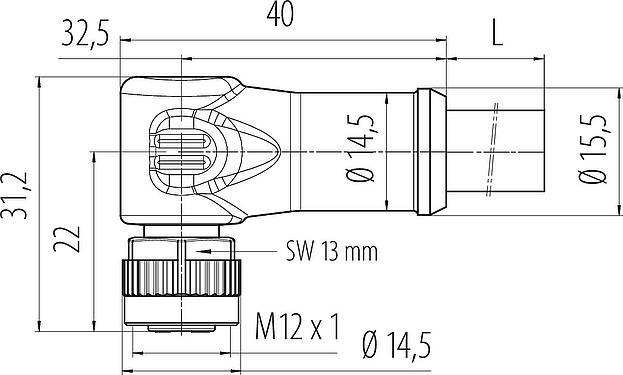 Dessin coté M12 Connecteur femelle coudé, Contacts: 4, non blindé, surmoulé sur le câble, IP68, UL, PUR, noir, 4 x 1,50 mm², 2 m