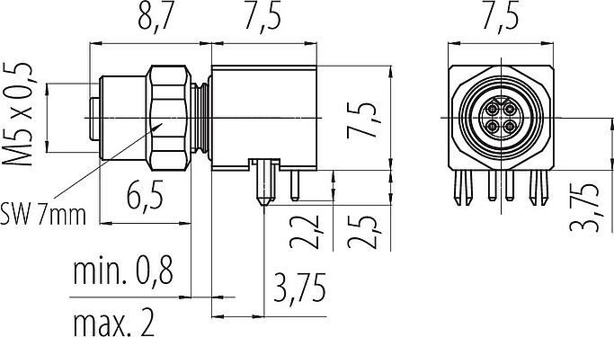 Desenho da escala M5 Soquete de flange, angular, Contatos: 4, blindável, solda, IP68, UL 2238, Montagem no painel traseiro, moldado